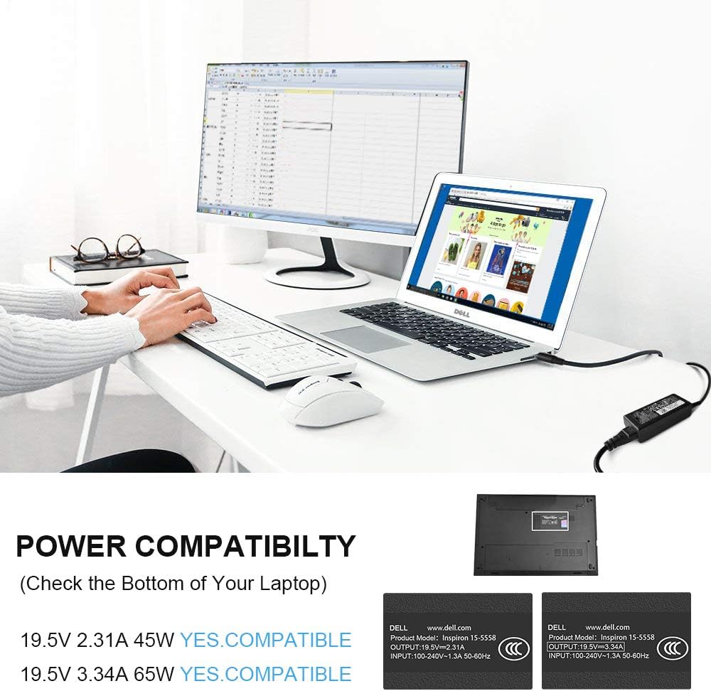Charger for Dell Laptop Computer 65W 45W Round Tip Power Adapter