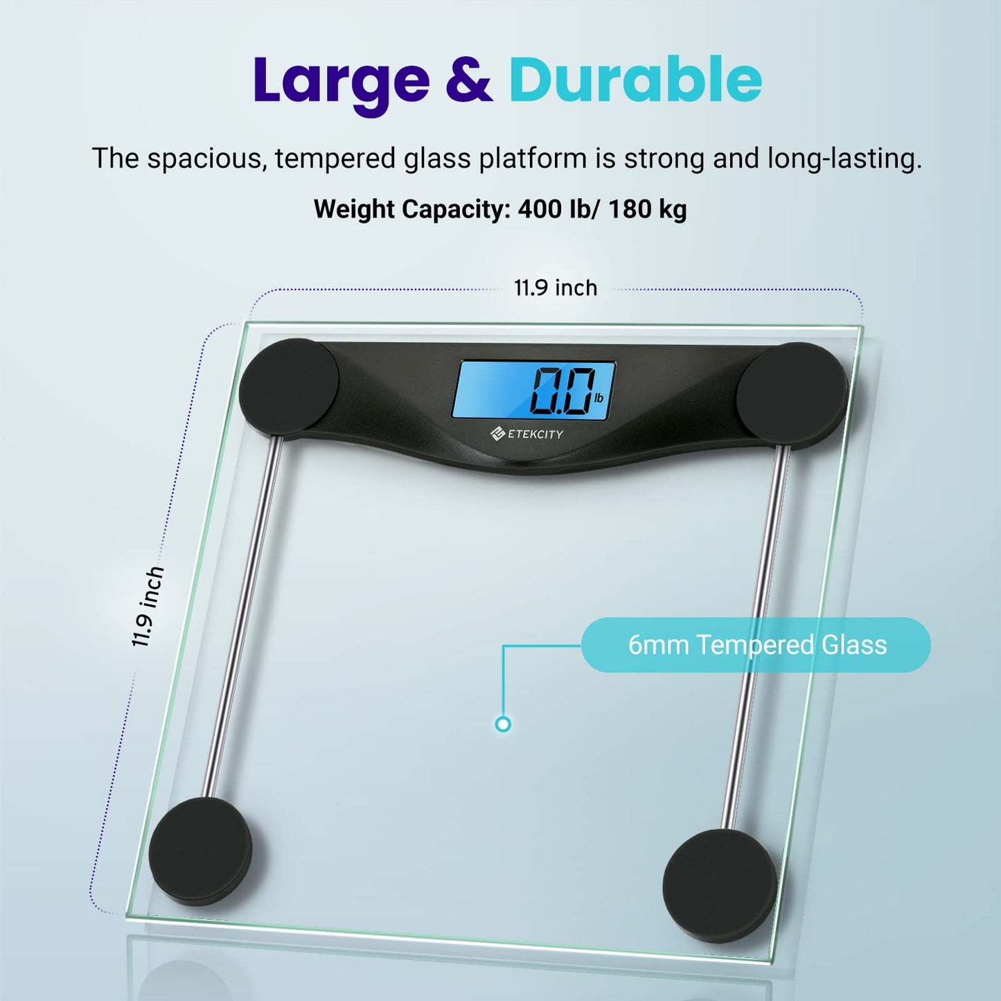 Etekcity Digital Body Weight Bathroom Scale, Large Blue LCD Backlight Display, High Precision Measurements,6mm Tempered Glass, 400 Pounds