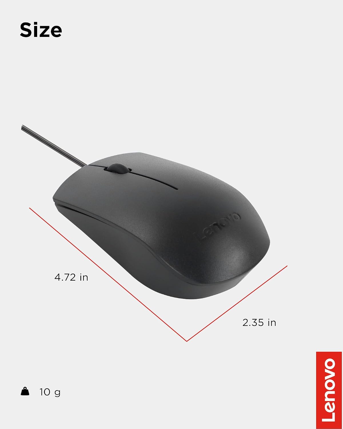 Lenovo 100 Wired USB Computer Mouse for PC, Laptop, Computer with Windows - Full-Size - Ambidextrous Design - 3 Buttons - Red Optical Sensor – Black
