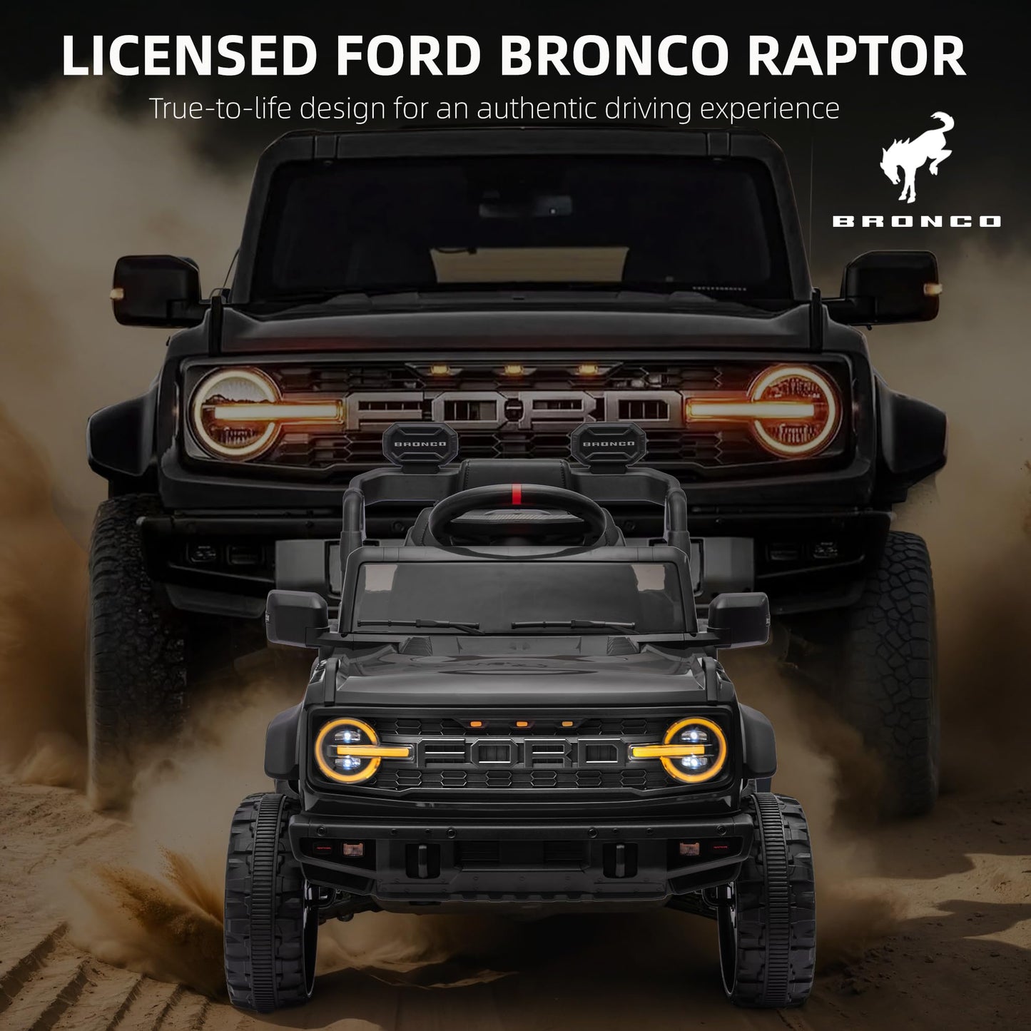 24V Ride on Toys for Big Kids, Licensed Ford Bronco Raptor Electric Car 2 Seater with Remote Control, Kids Ride on Cars w/ 2-Seater, 4.3 Mph Max Speed, Soft Start Function (24V, Black)