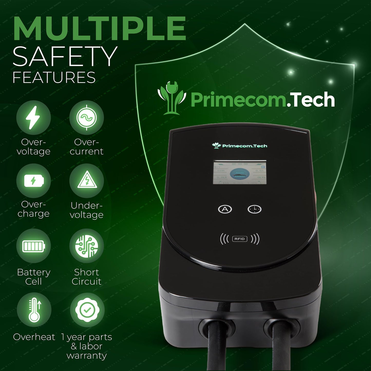 PRIMECOM 80 Amp 22KW 220Volt Level-2 18ft to 50ft Cord Lengths 20X Fast Smart Electric Vehicle EV Charging Station Ford Transit F-150 Lightning Lucid Air Polestar TeslaXS Taycan (30 Feet)