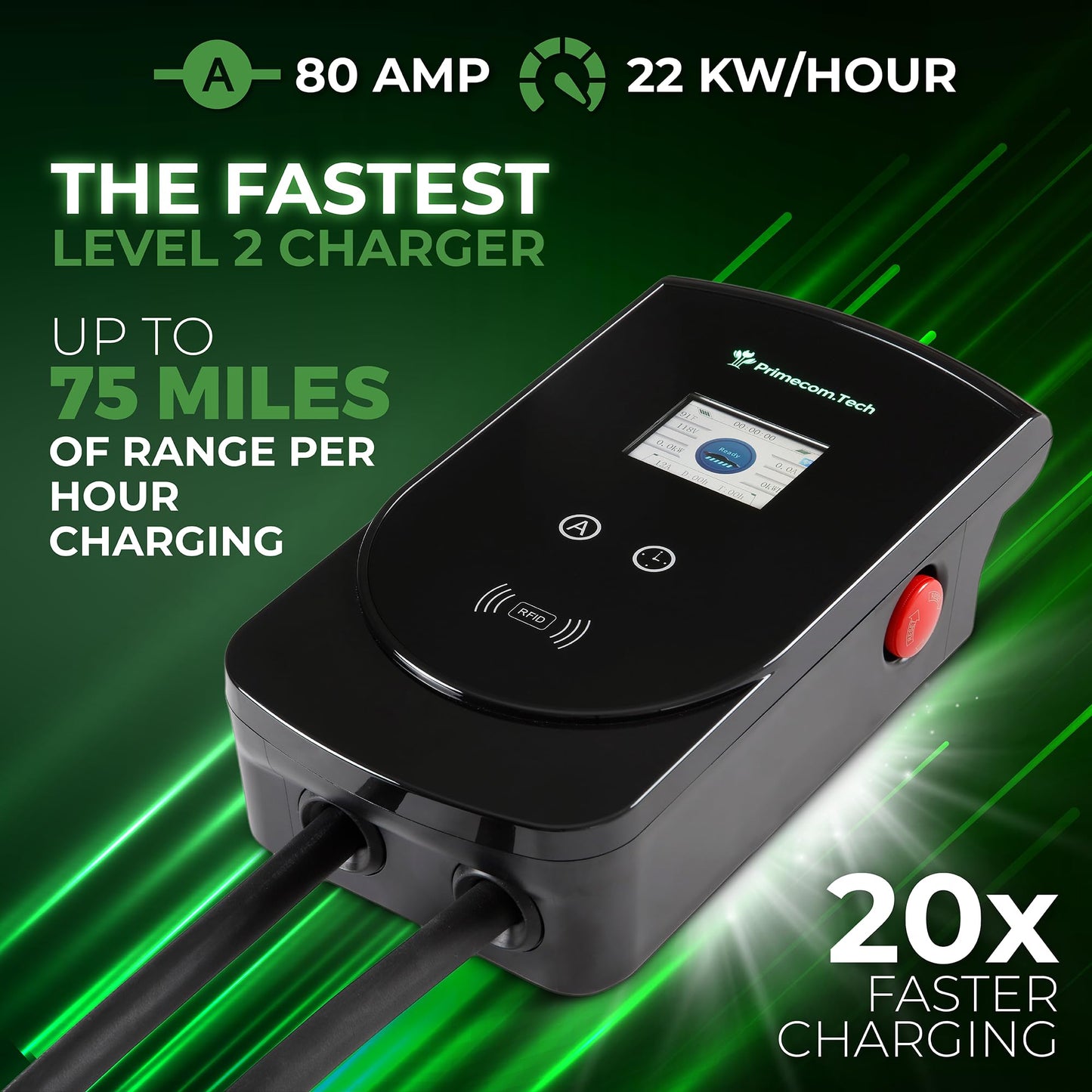 PRIMECOM 80 Amp 22KW 220Volt Level-2 18ft to 50ft Cord Lengths 20X Fast Smart Electric Vehicle EV Charging Station Ford Transit F-150 Lightning Lucid Air Polestar TeslaXS Taycan (30 Feet)