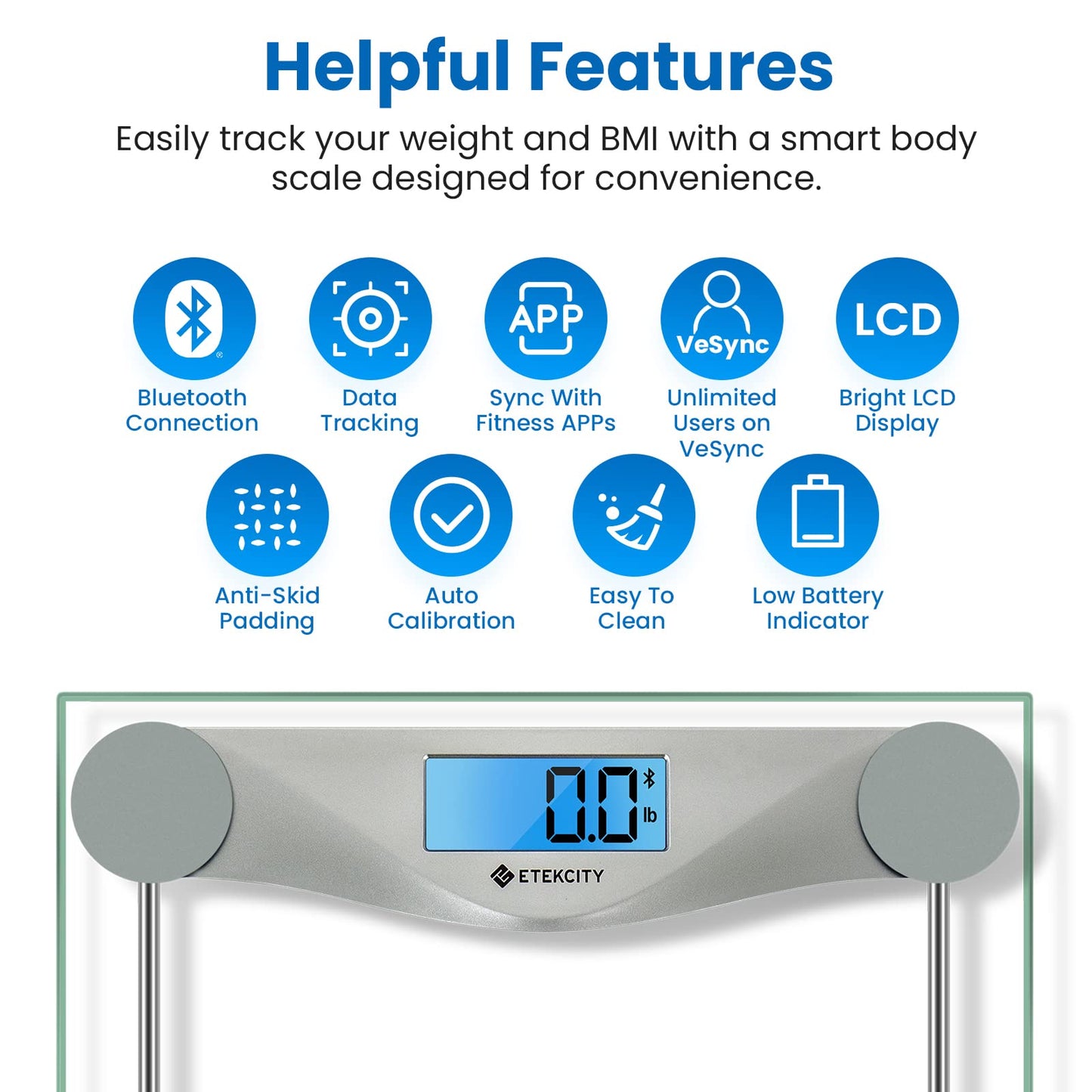 Etekcity Digital Body Weight Bathroom Scale, Large Blue LCD Backlight Display, High Precision Measurements,6mm Tempered Glass, 400 Pounds