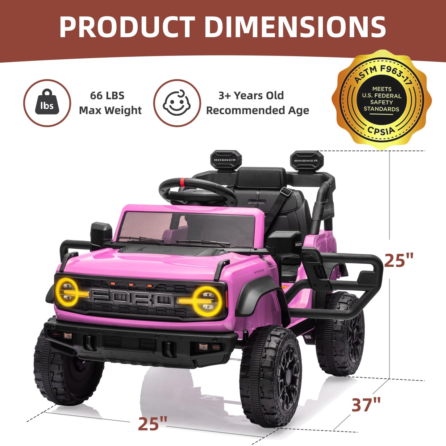 24V Ride on Toys for Big Kids, Licensed Ford Bronco Raptor Electric Car 2 Seater with Remote Control, Kids Ride on Cars w/ 2-Seater, 4.3 Mph Max Speed, Soft Start Function (24V, Black)