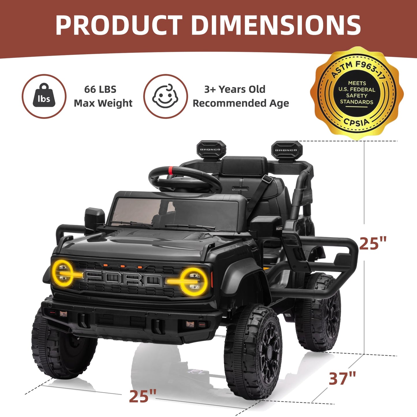 24V Ride on Toys for Big Kids, Licensed Ford Bronco Raptor Electric Car 2 Seater with Remote Control, Kids Ride on Cars w/ 2-Seater, 4.3 Mph Max Speed, Soft Start Function (24V, Black)