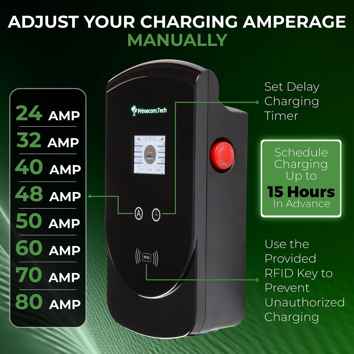 PRIMECOM 80 Amp 22KW 220Volt Level-2 18ft to 50ft Cord Lengths 20X Fast Smart Electric Vehicle EV Charging Station Ford Transit F-150 Lightning Lucid Air Polestar TeslaXS Taycan (30 Feet)