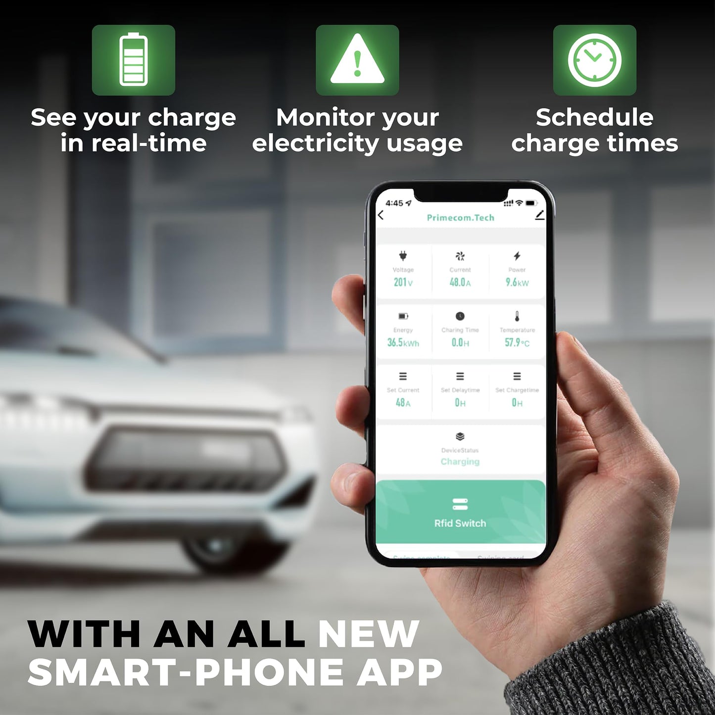 PRIMECOM 80 Amp 22KW 220Volt Level-2 18ft to 50ft Cord Lengths 20X Fast Smart Electric Vehicle EV Charging Station Ford Transit F-150 Lightning Lucid Air Polestar TeslaXS Taycan (30 Feet)