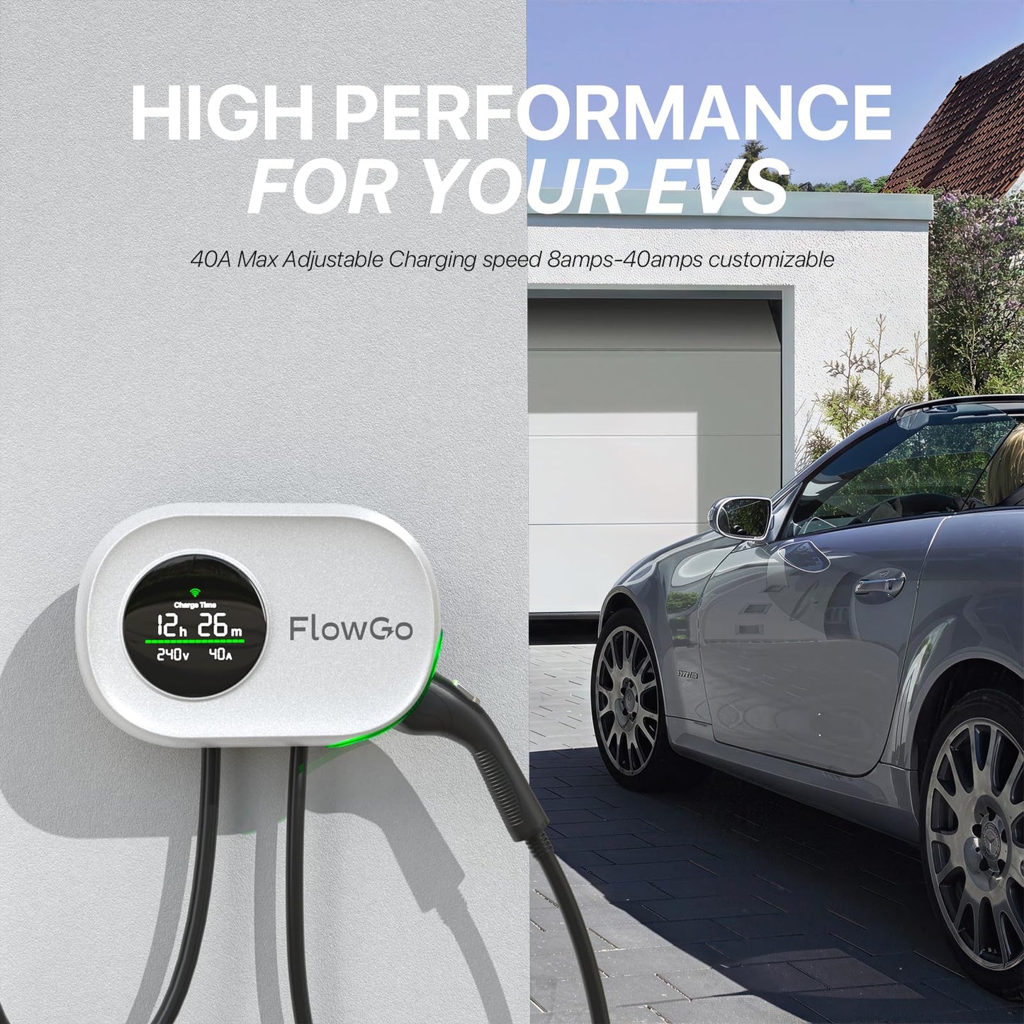 Level 2 Charger for Tesla 50A Smart Home Charger NACS 240V Tesla Charger 50 Apms Large Motion-Activate Display Screen One-Piece Housing Metal Case 25 FT Cable NEMA 14-50 Plug