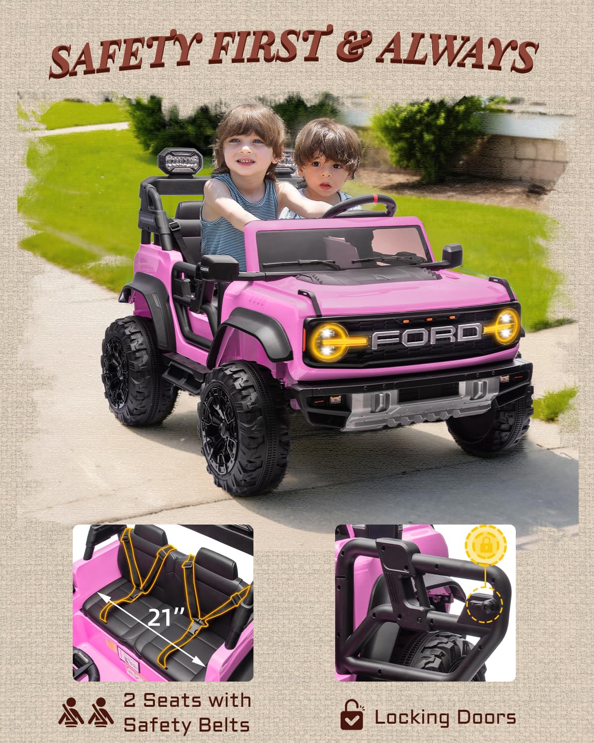 24V Ride on Toys for Big Kids, Licensed Ford Bronco Raptor Electric Car 2 Seater with Remote Control, Kids Ride on Cars w/ 2-Seater, 4.3 Mph Max Speed, Soft Start Function (24V, Black)