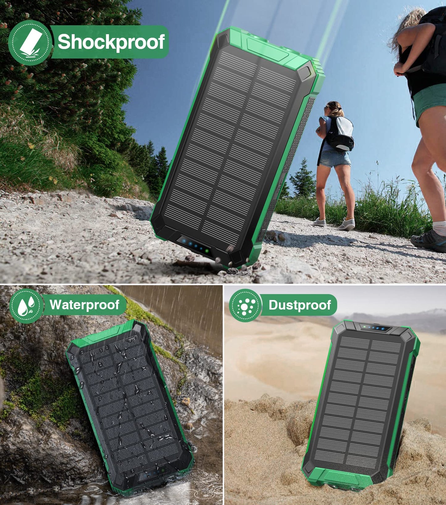 GOODaaa Power Bank Wireless Charger 36000mAh Built in 4 Cables Six Outputs 15W Fast Charging Power Bank for All Mobile Devices Three Inputs Solar Portable Charger with Dual Flashlights, Carabiner