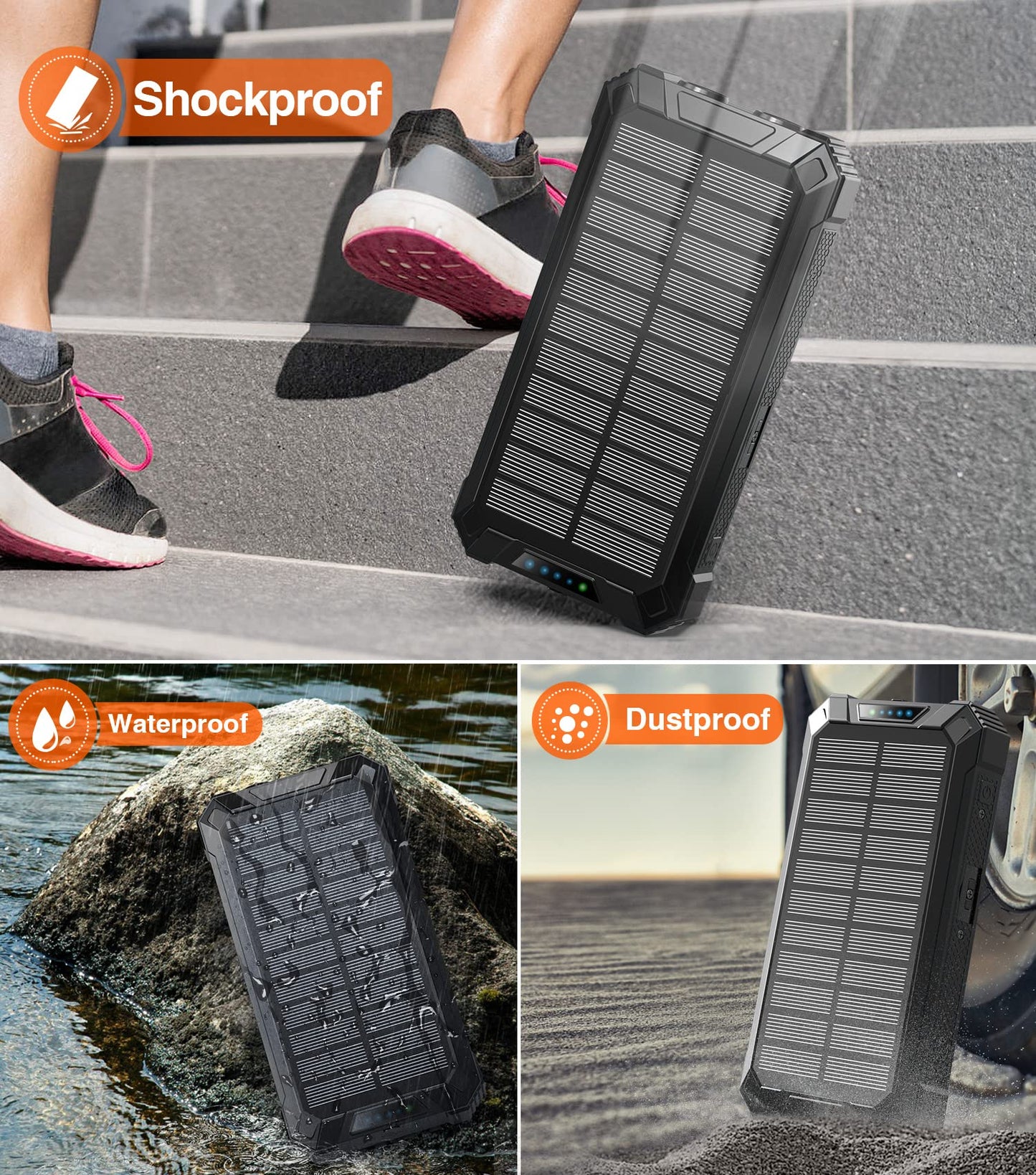 GOODaaa Power Bank Wireless Charger 36000mAh Built in 4 Cables Six Outputs 15W Fast Charging Power Bank for All Mobile Devices Three Inputs Solar Portable Charger with Dual Flashlights, Carabiner