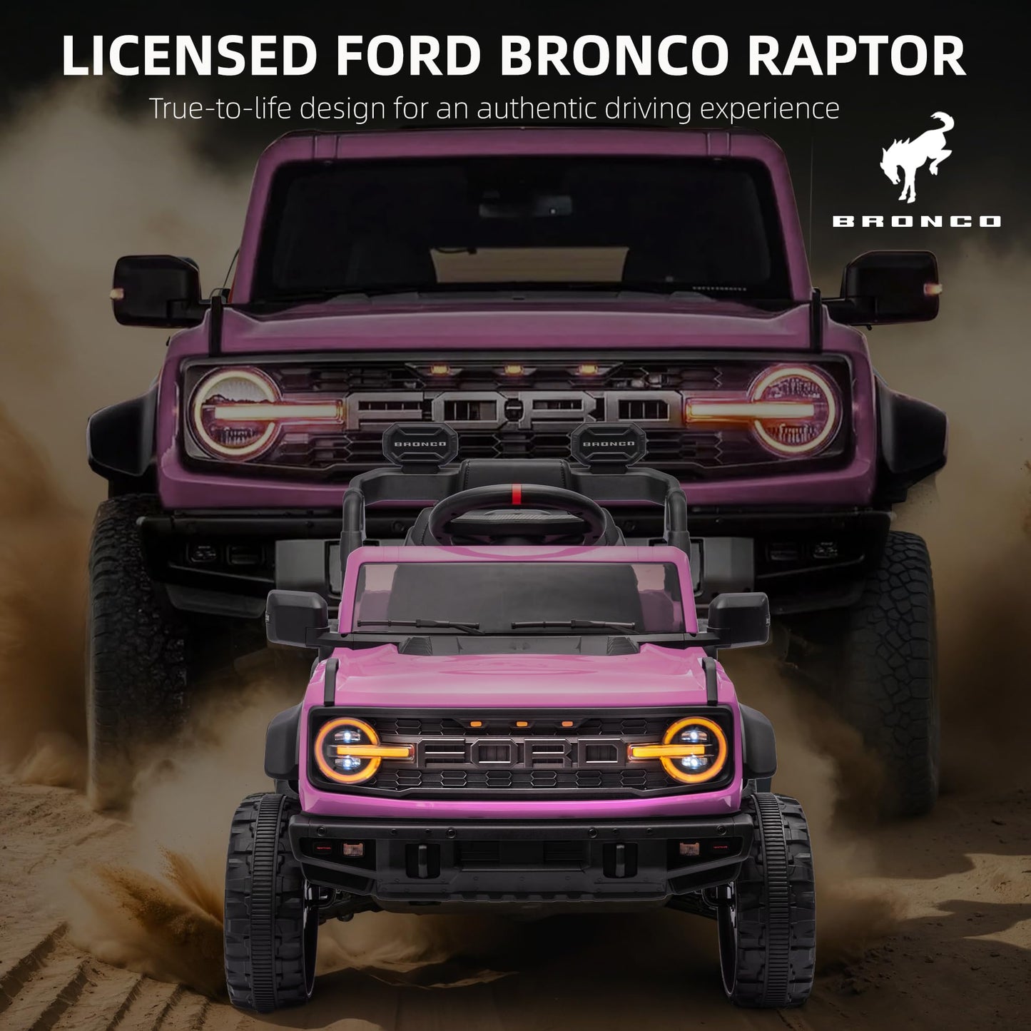 24V Ride on Toys for Big Kids, Licensed Ford Bronco Raptor Electric Car 2 Seater with Remote Control, Kids Ride on Cars w/ 2-Seater, 4.3 Mph Max Speed, Soft Start Function (24V, Black)