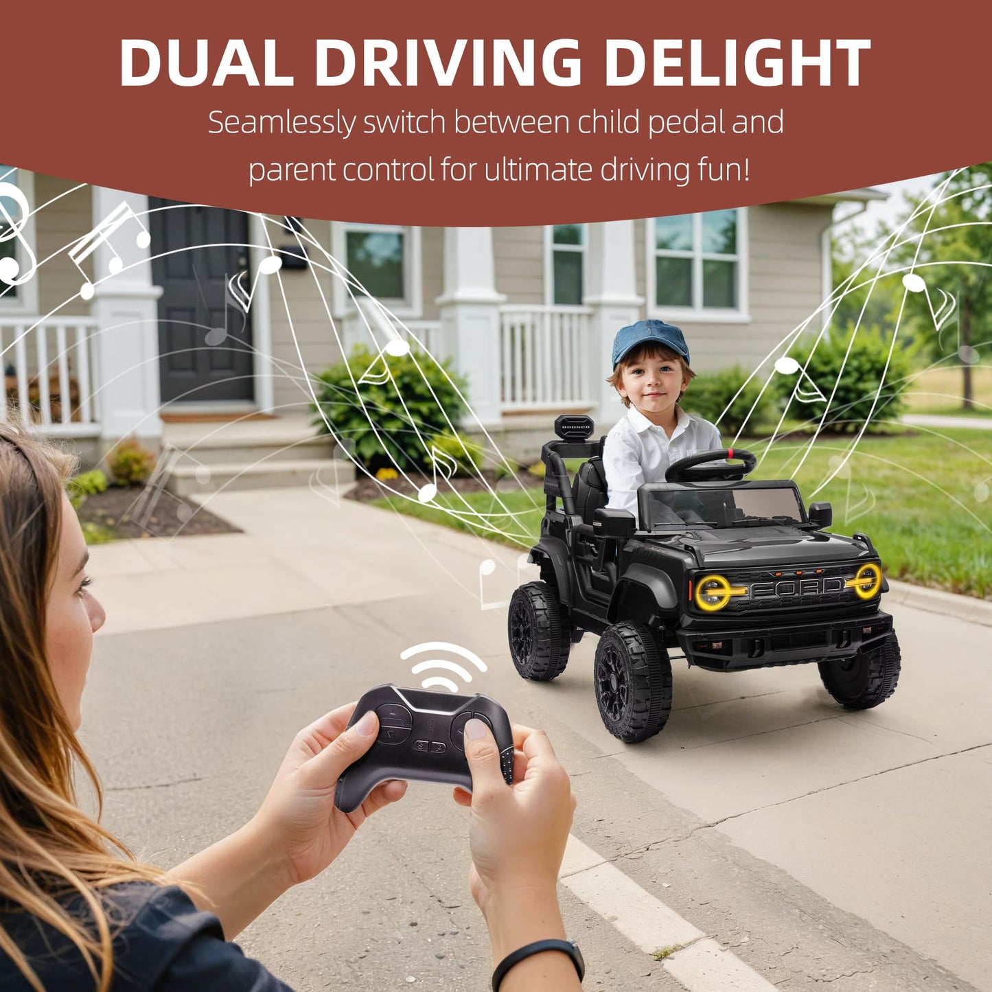 24V Ride on Toys for Big Kids, Licensed Ford Bronco Raptor Electric Car 2 Seater with Remote Control, Kids Ride on Cars w/ 2-Seater, 4.3 Mph Max Speed, Soft Start Function (24V, Black)