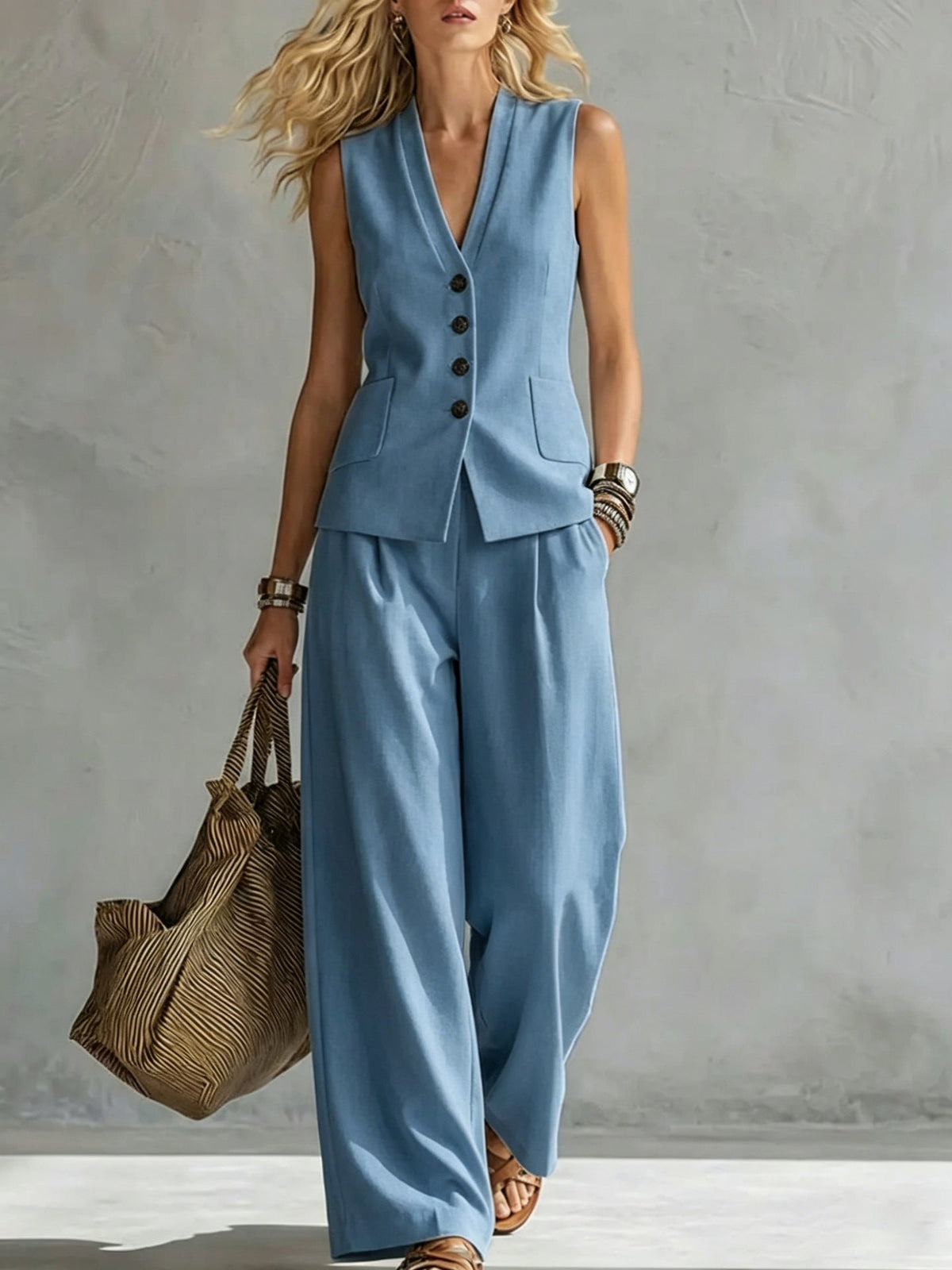 Women's Solid Linen Sleeveless Tank Top & Full-Length Pants Set