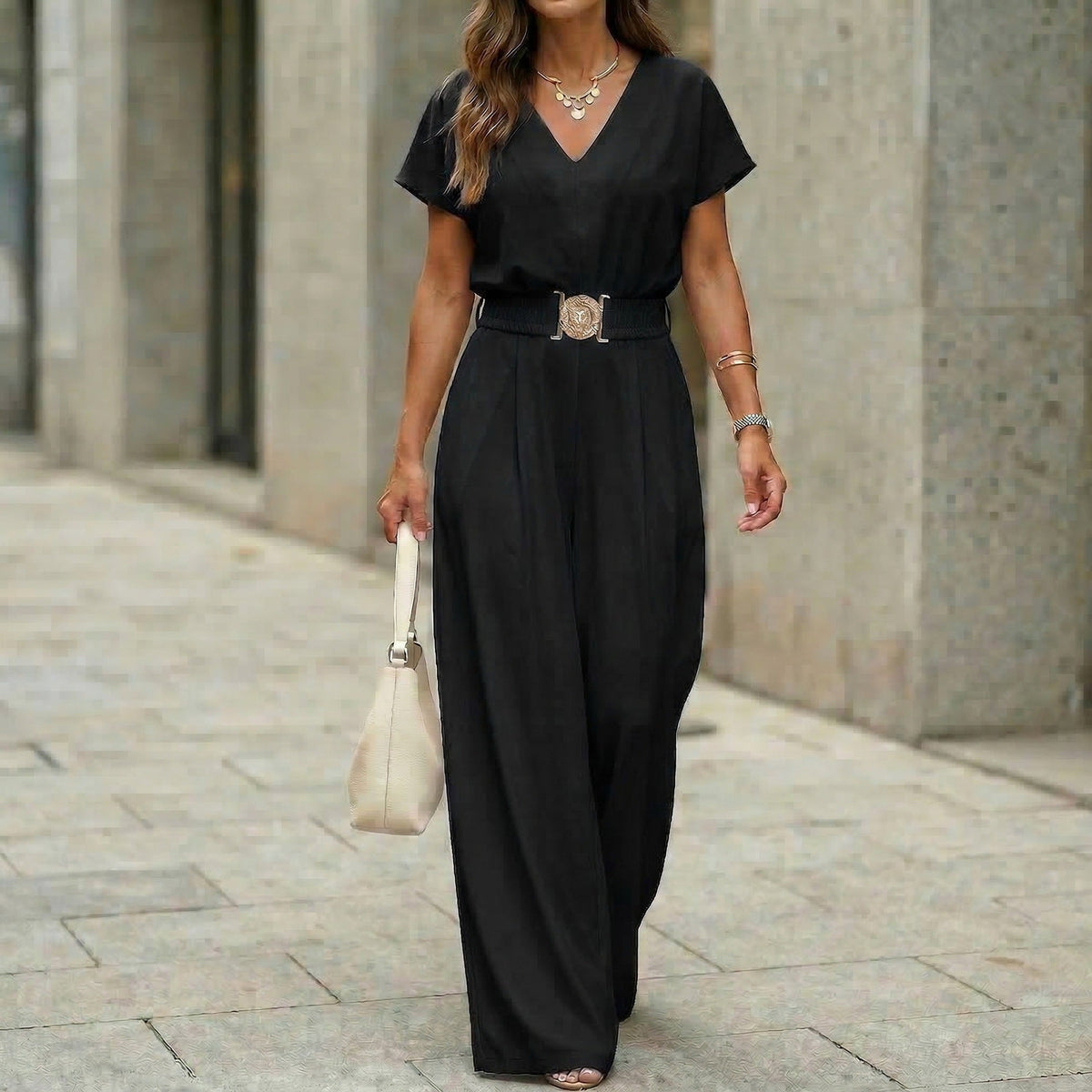 Women's V-Neck Belted Wide-Leg Jumpsuit