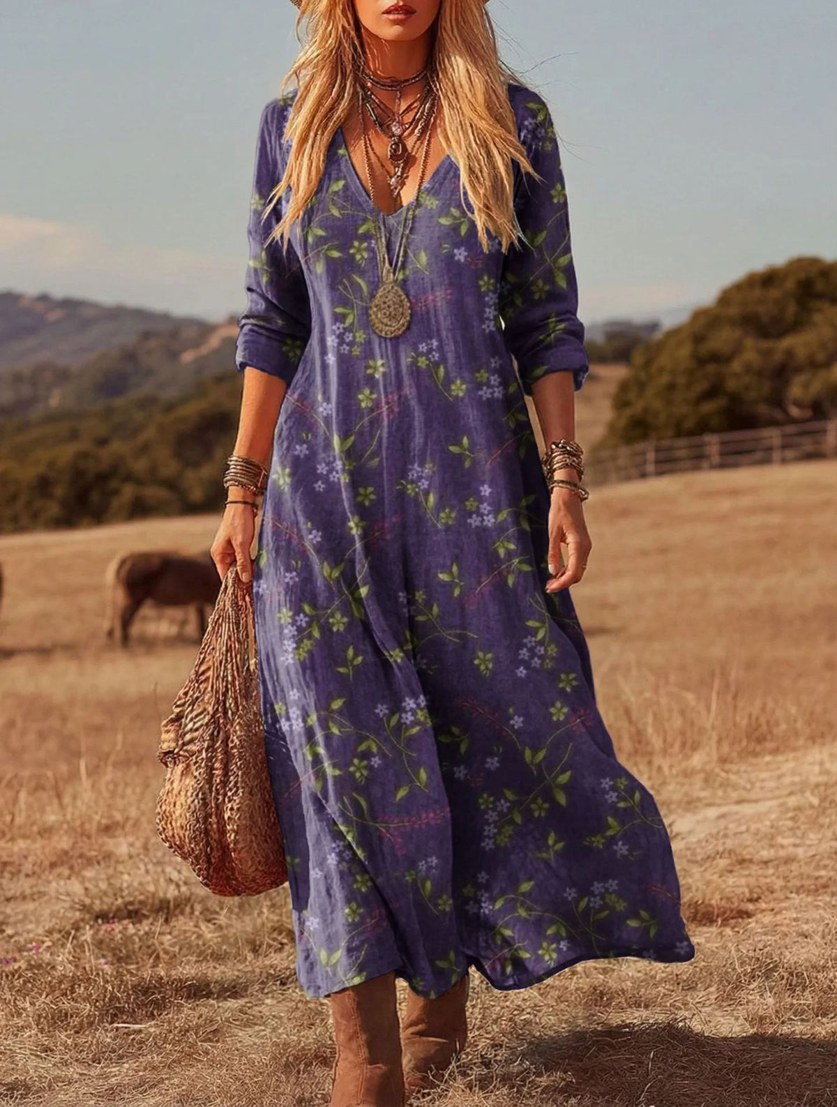 Women's Retro Chic 3D Print V-Neck Long-Sleeve A-Line Dress