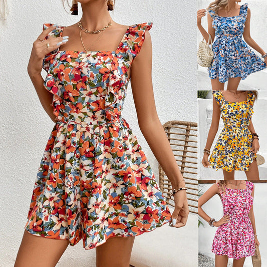 Women's Sleeveless Square Neck Printed Boho Jumpsuit