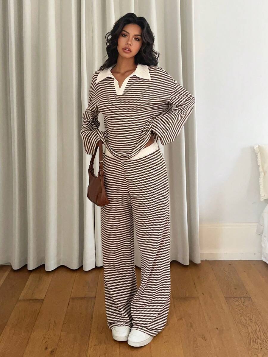 Women's Striped Wide Leg Pants Set – Long Sleeve Polo Crop Top & Trousers