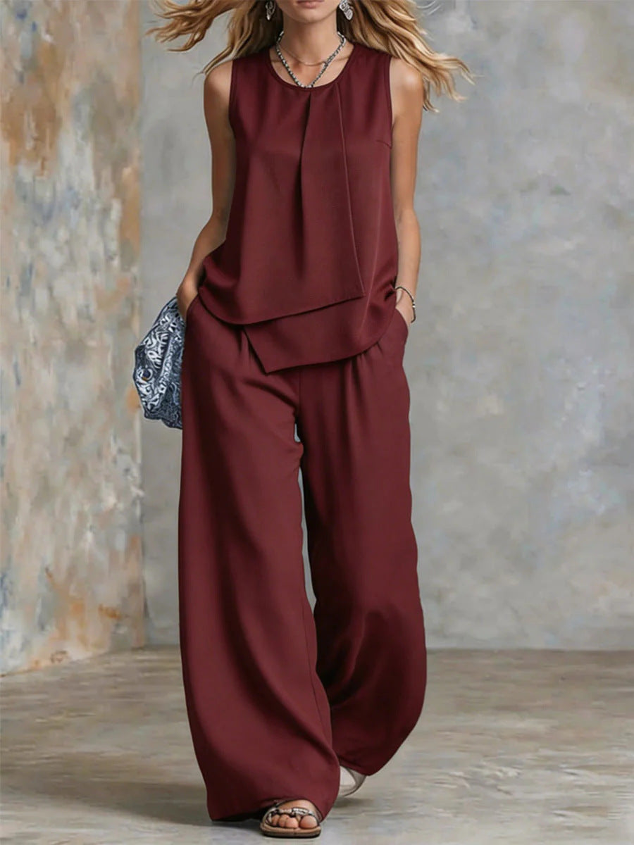 Women's Sleeveless Two-Piece Set – Solid Color Wide-Leg Pants & Top