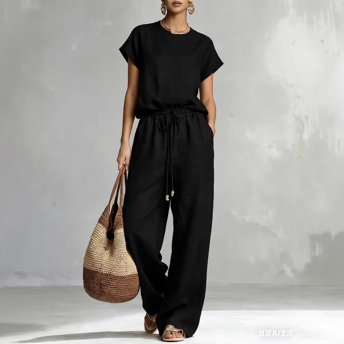 Women's Zip-Up Crew-Neck Top & Wide-Leg Pants Set