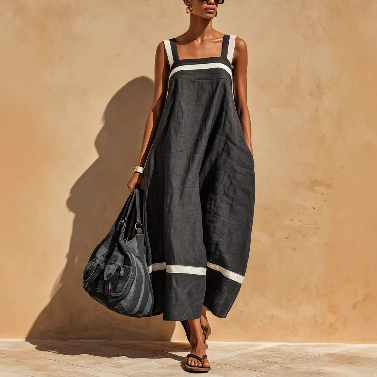 Women's Contrast Strap Casual Loose Midi Dress – Linen Blend