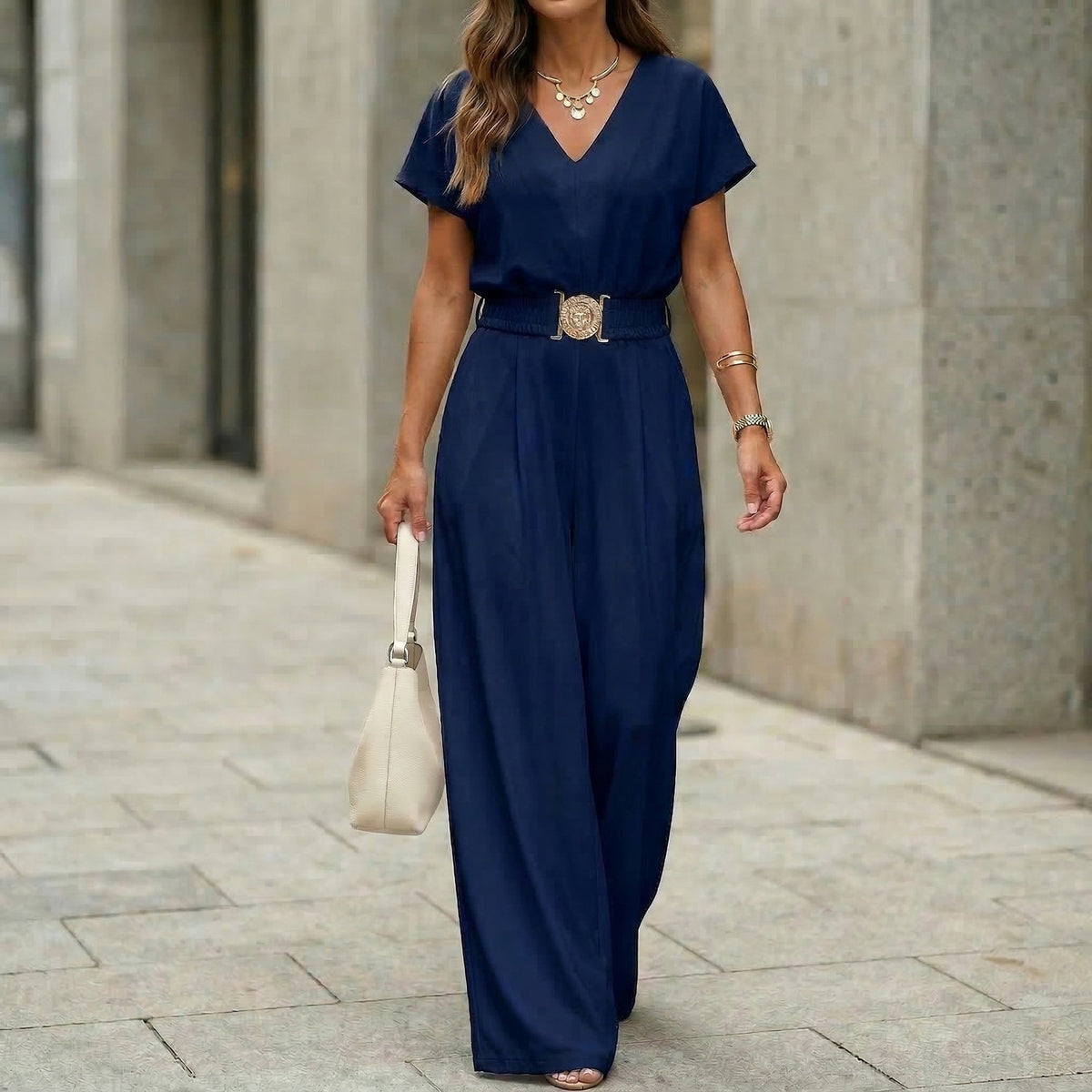 Women's V-Neck Belted Wide-Leg Jumpsuit
