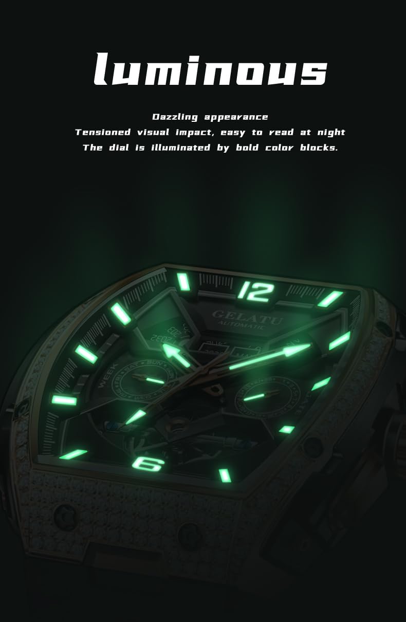 OLEVS GELATU Men Watch Automatic Tonneau Watch Skeleton Mechanical 50M Waterproof Sapphire Crystal Square Face Multi Calendar Function