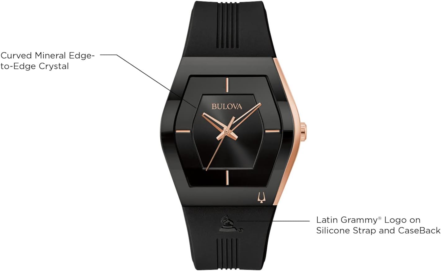 Bulova Latin Grammy Gemini Quartz Rose Gold Stainless Steel Accent with Curved Mineral Crystal and Black Silicone Strap Watch, Ladies