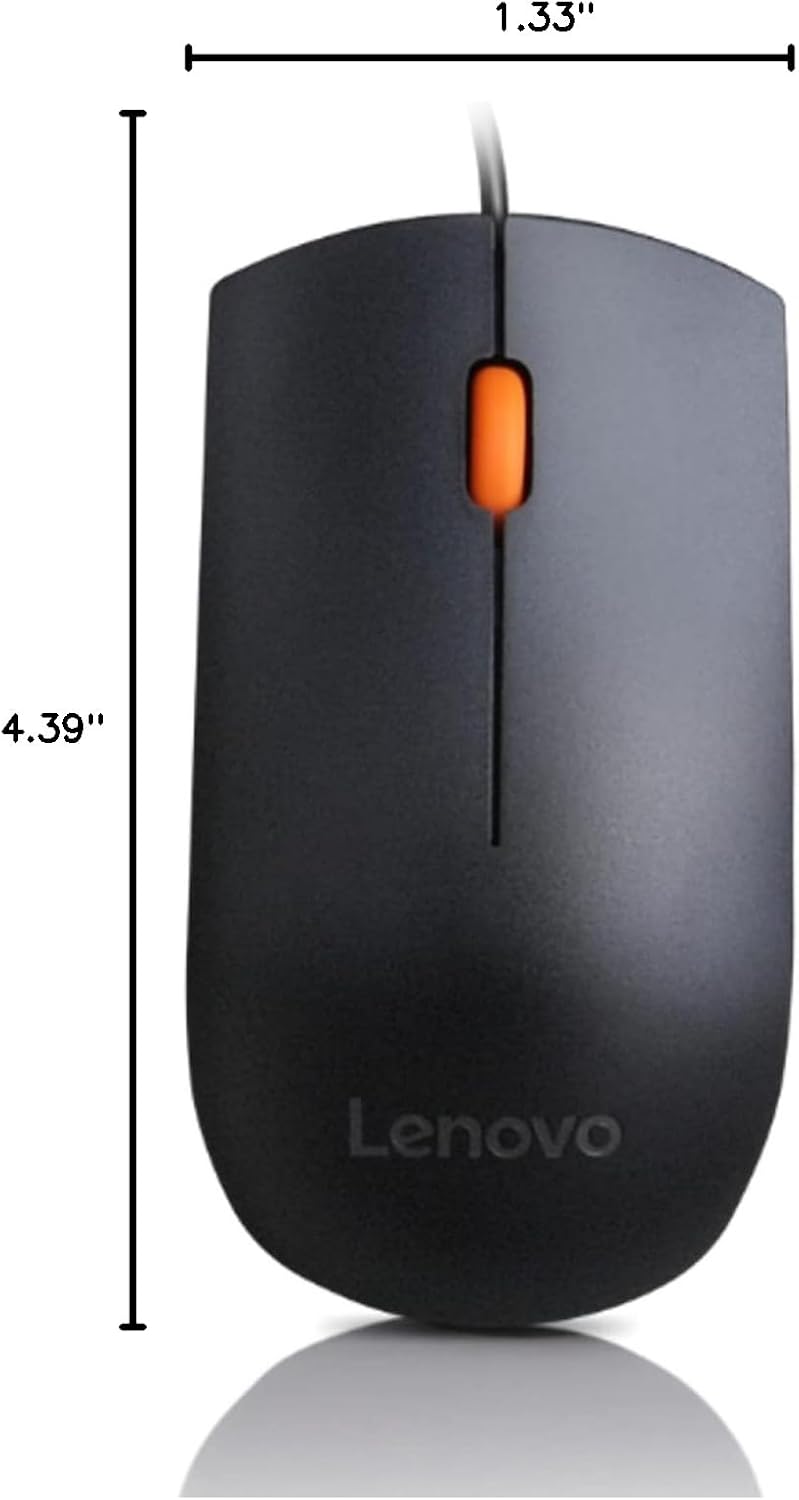 Lenovo 100 Wired USB Computer Mouse for PC, Laptop, Computer with Windows - Full-Size - Ambidextrous Design - 3 Buttons - Red Optical Sensor – Black