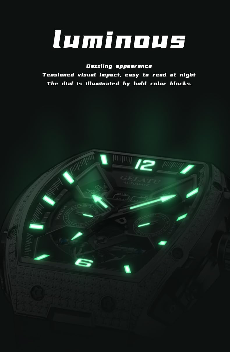 OLEVS GELATU Men Watch Automatic Tonneau Watch Skeleton Mechanical 50M Waterproof Sapphire Crystal Square Face Multi Calendar Function