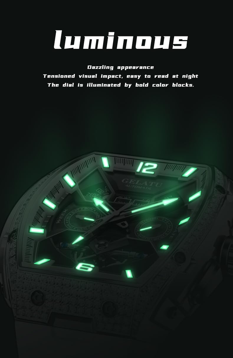 OLEVS GELATU Men Watch Automatic Tonneau Watch Skeleton Mechanical 50M Waterproof Sapphire Crystal Square Face Multi Calendar Function