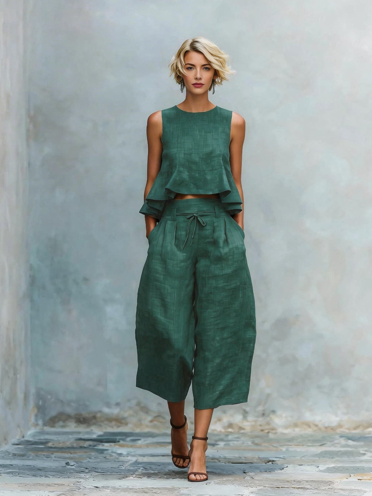Women's Linen-Blend Sleeveless Two Piece Set with Ruffled Detailing