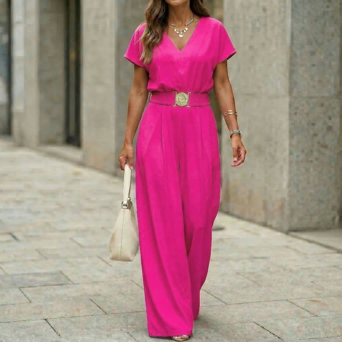 Women's V-Neck Belted Wide-Leg Jumpsuit