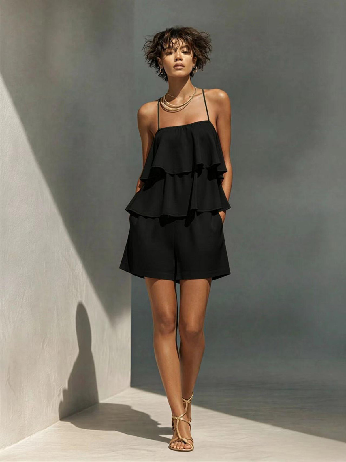 Women's Multi-Layer Ruffle Camisole & Shorts Set