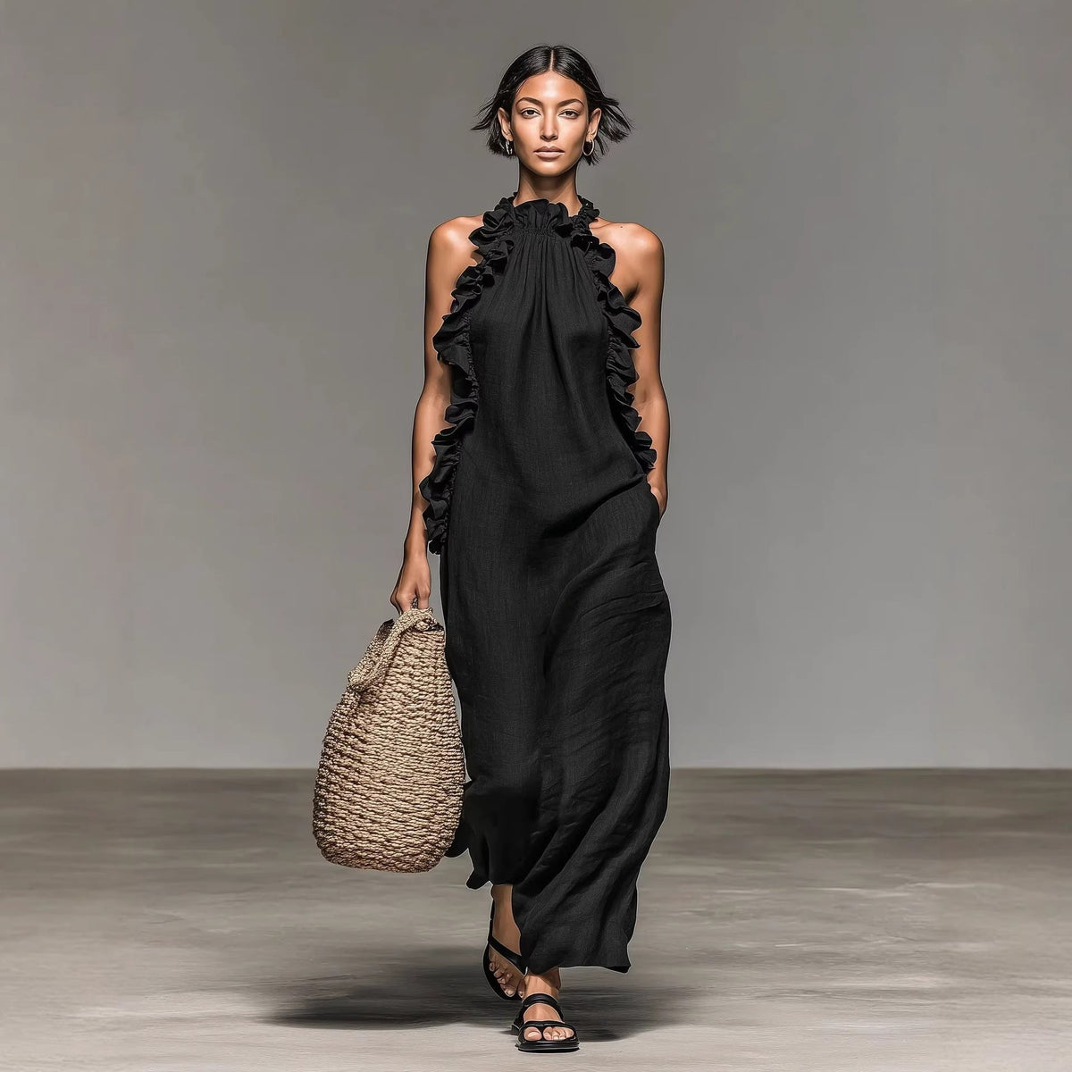 Women's Resort Ruffled Halterneck Sleeveless Open-Back Maxi Dress