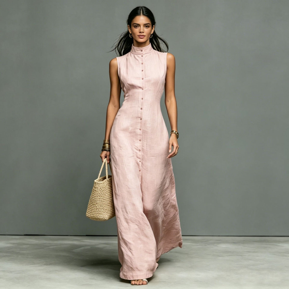 Women's Stand-Collar Single-Breasted Sleeveless Midi Dress