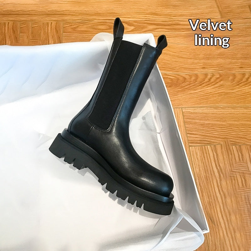 Women’s British-Style Mid-Calf Thick-Soled Leather Boots