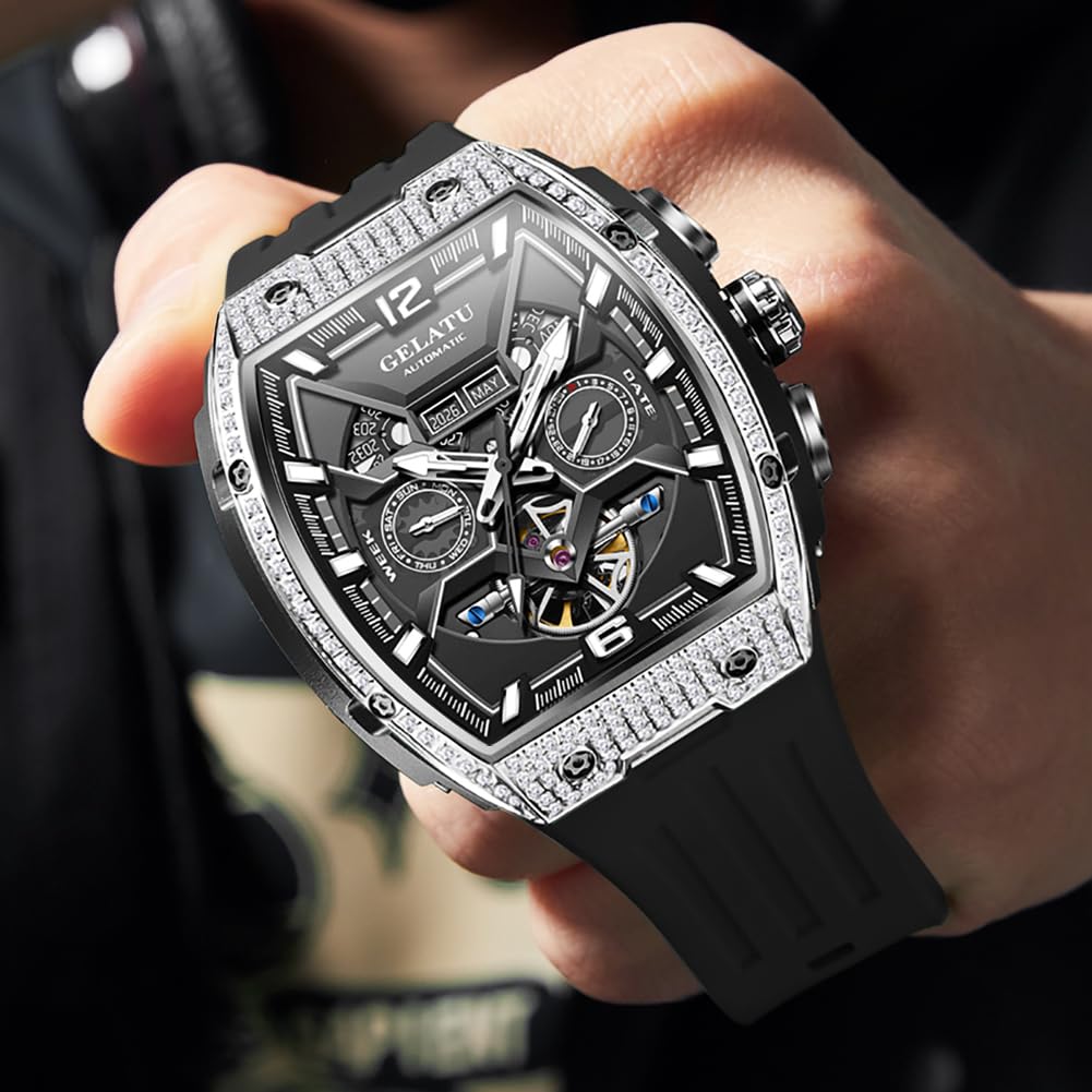 OLEVS GELATU Men Watch Automatic Tonneau Watch Skeleton Mechanical 50M Waterproof Sapphire Crystal Square Face Multi Calendar Function