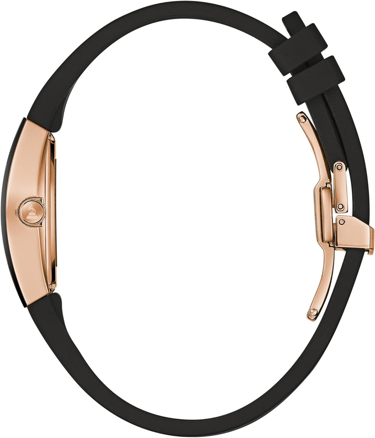 Bulova Latin Grammy Gemini Quartz Rose Gold Stainless Steel Accent with Curved Mineral Crystal and Black Silicone Strap Watch, Ladies