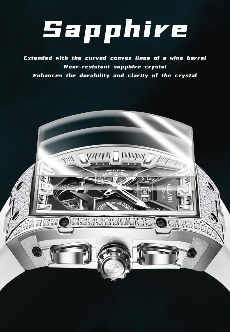 OLEVS GELATU Men Watch Automatic Tonneau Watch Skeleton Mechanical 50M Waterproof Sapphire Crystal Square Face Multi Calendar Function