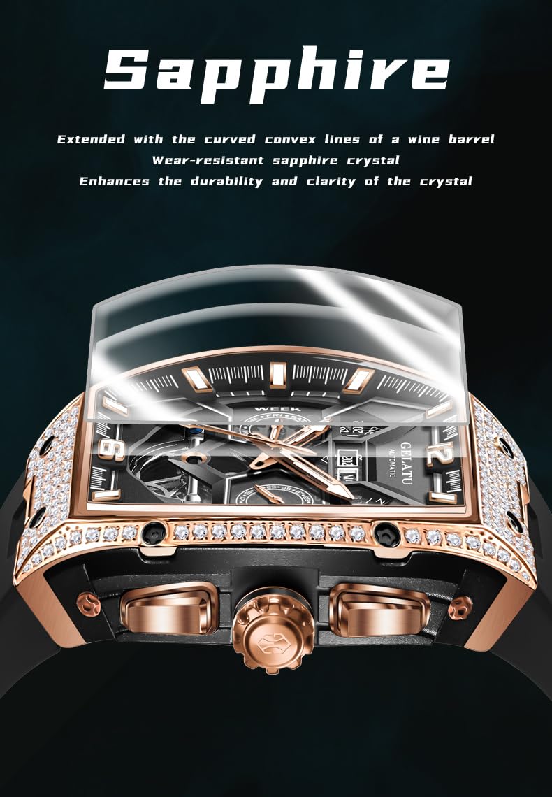 OLEVS GELATU Men Watch Automatic Tonneau Watch Skeleton Mechanical 50M Waterproof Sapphire Crystal Square Face Multi Calendar Function