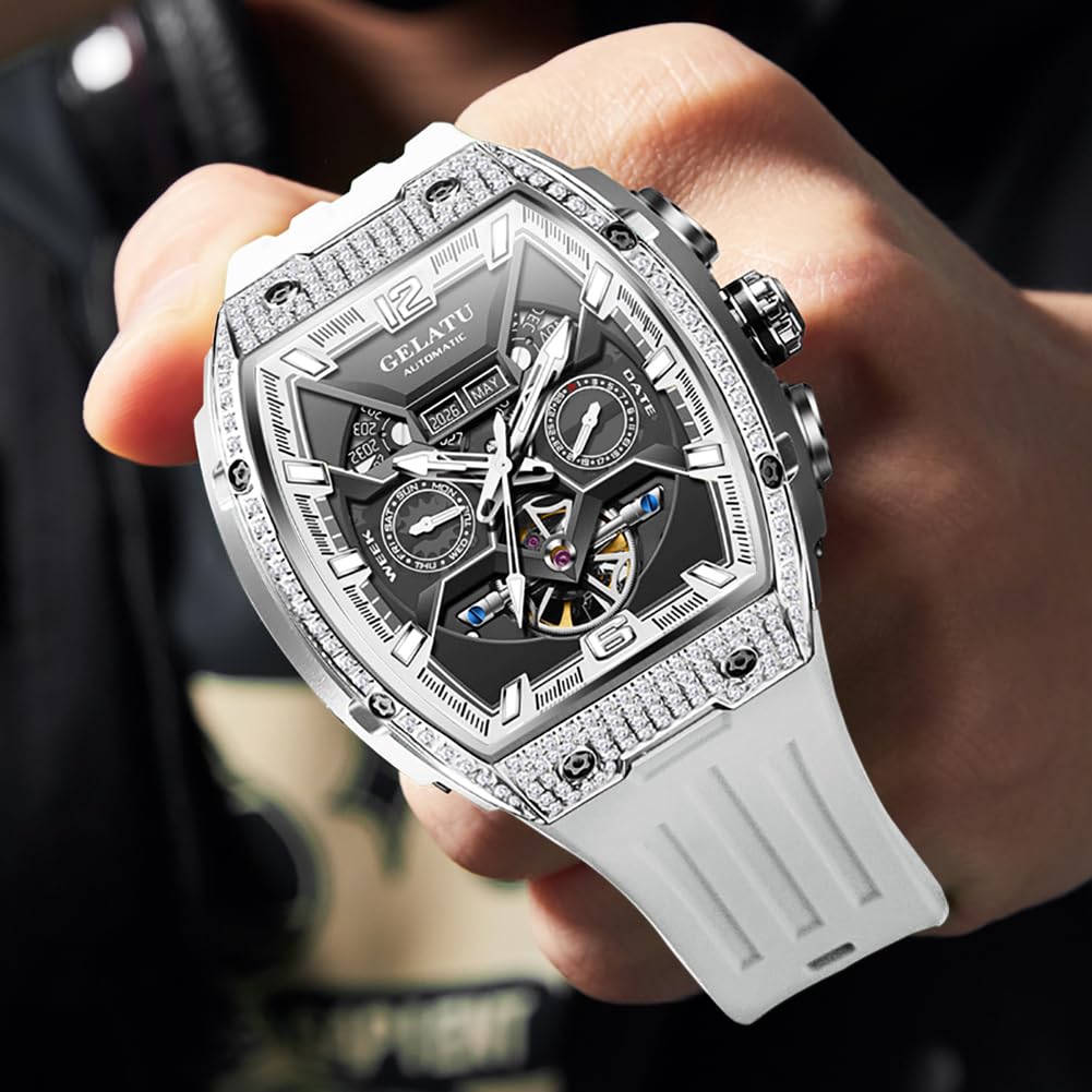 OLEVS GELATU Men Watch Automatic Tonneau Watch Skeleton Mechanical 50M Waterproof Sapphire Crystal Square Face Multi Calendar Function