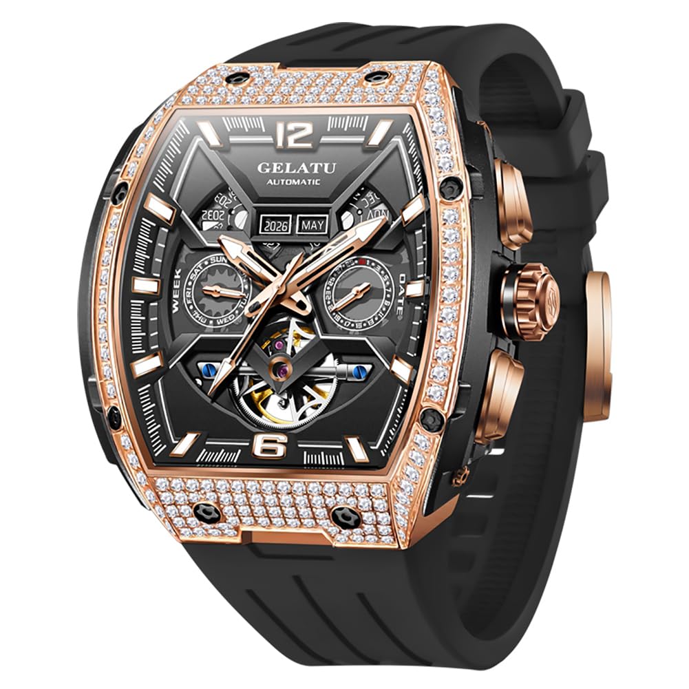 OLEVS GELATU Men Watch Automatic Tonneau Watch Skeleton Mechanical 50M Waterproof Sapphire Crystal Square Face Multi Calendar Function