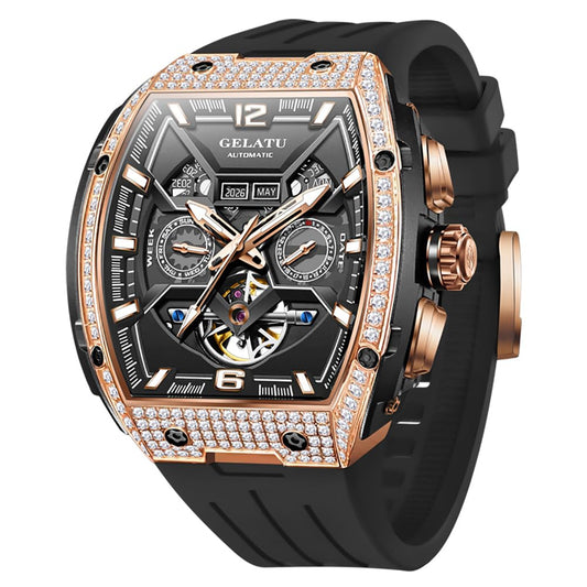 OLEVS GELATU Men Watch Automatic Tonneau Watch Skeleton Mechanical 50M Waterproof Sapphire Crystal Square Face Multi Calendar Function