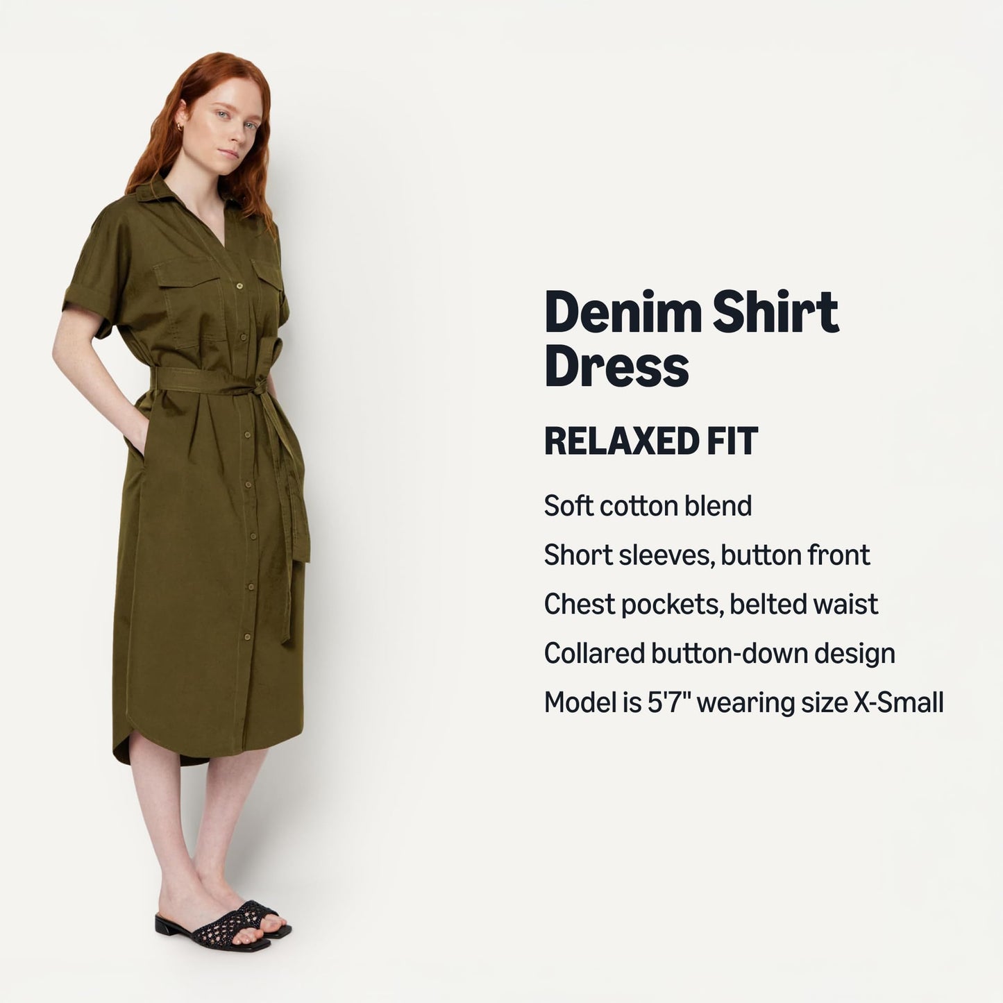 Amazon Essentials Women's Relaxed-Fit Short Sleeve Button-Down Dress with Belt