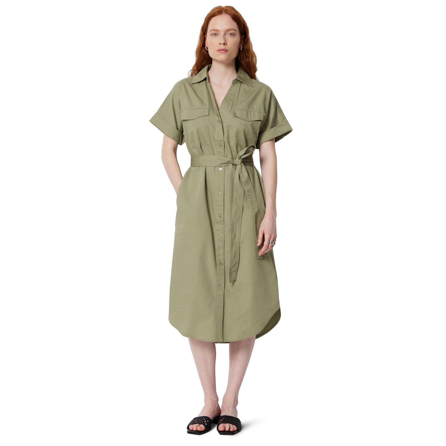 Amazon Essentials Women's Relaxed-Fit Short Sleeve Button-Down Dress with Belt