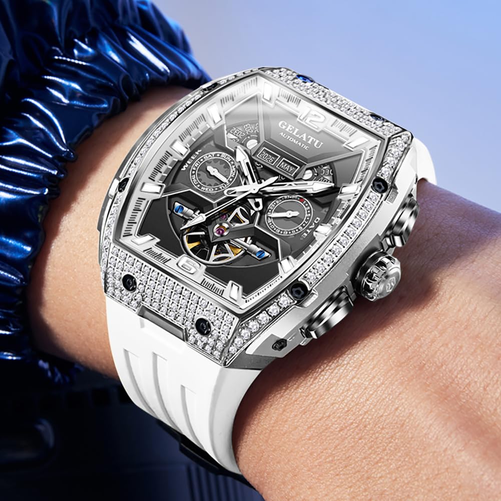 OLEVS GELATU Men Watch Automatic Tonneau Watch Skeleton Mechanical 50M Waterproof Sapphire Crystal Square Face Multi Calendar Function
