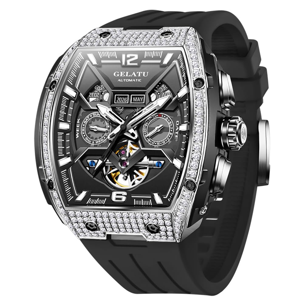 OLEVS GELATU Men Watch Automatic Tonneau Watch Skeleton Mechanical 50M Waterproof Sapphire Crystal Square Face Multi Calendar Function