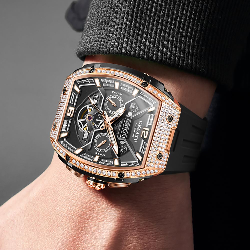 OLEVS GELATU Men Watch Automatic Tonneau Watch Skeleton Mechanical 50M Waterproof Sapphire Crystal Square Face Multi Calendar Function
