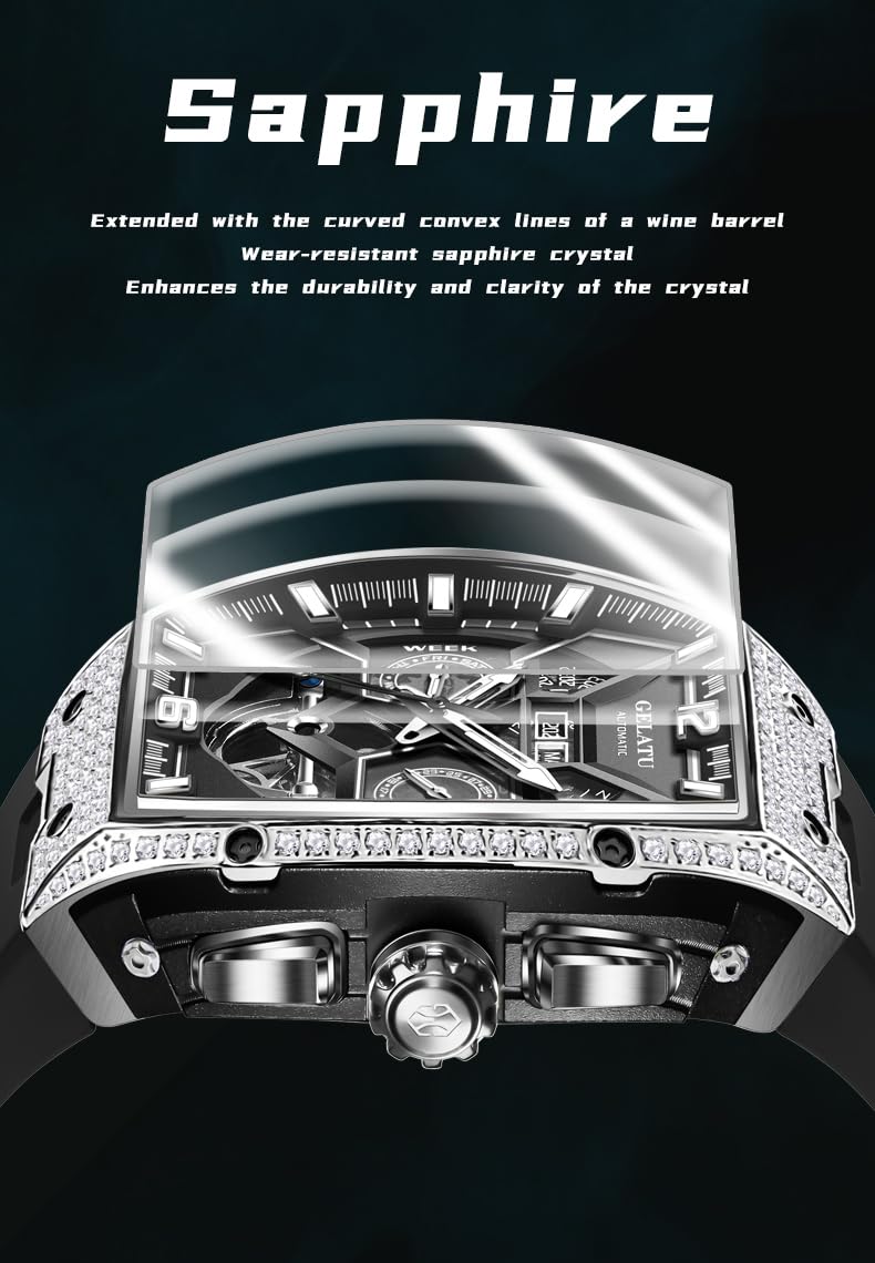 OLEVS GELATU Men Watch Automatic Tonneau Watch Skeleton Mechanical 50M Waterproof Sapphire Crystal Square Face Multi Calendar Function